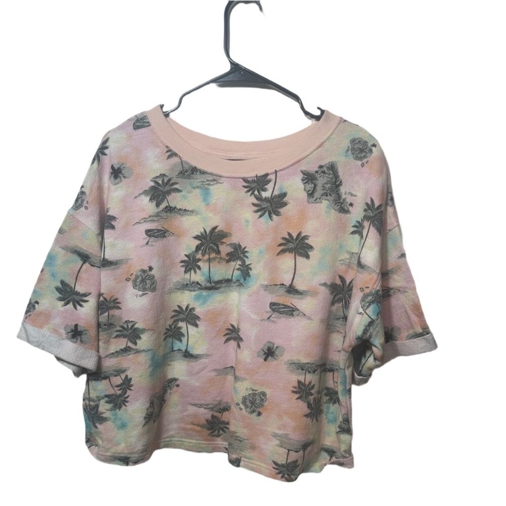 Old Navy Tie Dye Palm Tree Print Crop Tee Orange Blue Size M - Picture 2 of 4